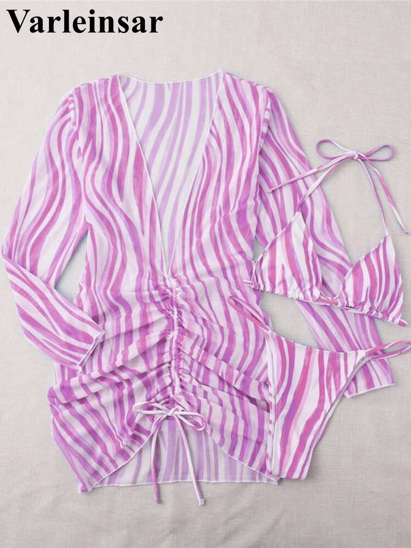 Hosszú ujjú ruhával Csíkos bikini női fürdőruha Női fürdőruha Háromrészes bikini szett fürdőruha Swim Lady V4163