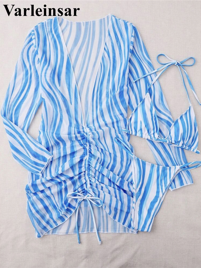 Hosszú ujjú ruhával Csíkos bikini női fürdőruha Női fürdőruha Háromrészes bikini szett fürdőruha Swim Lady V4163