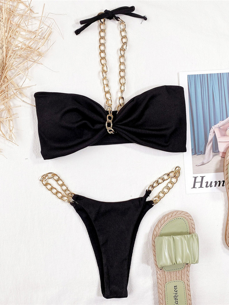 Metalinė grandinėlė, briaunotas bikinis Moteriškas maudymosi kostiumėlis Moteriškas maudymosi kostiumėlis Dviejų dalių bikinio rinkinys Aukšto kirpimo maudymosi kostiumėlis Swim V2989