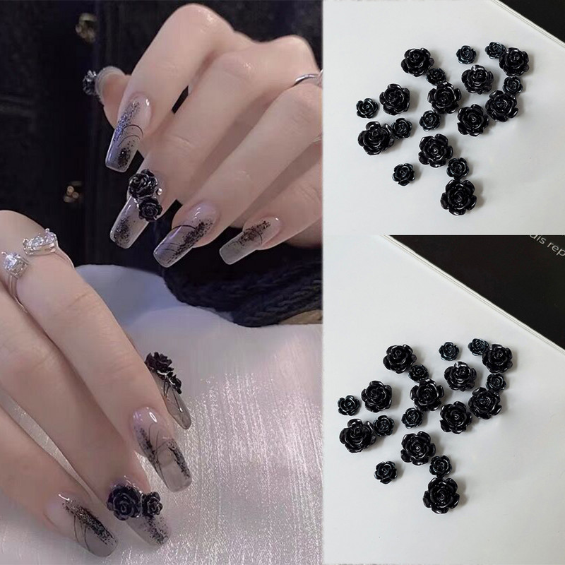100 komada Tamne ruže privjesci Ukrasi za nokte 6/8 mm Mat Vintage Nakit Dijelovi za nokte 3D Flatback Smola Crno cvijeće Ornament za manikuru