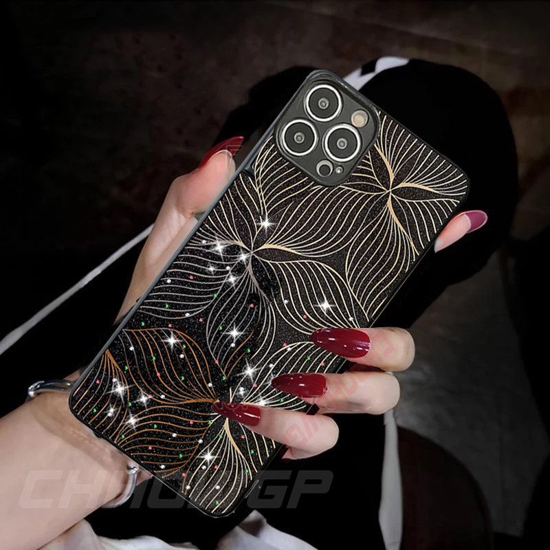 Θήκη λέιζερ 3D Art Ptinted Flower Bling για iPhone 13 12 11 Pro Max X XR XS Max 8 7 Plus SE 2020 Glitter Lens Protection Cover