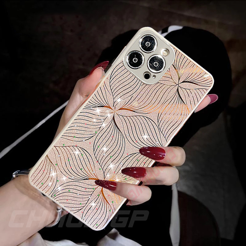 Θήκη λέιζερ 3D Art Ptinted Flower Bling για iPhone 13 12 11 Pro Max X XR XS Max 8 7 Plus SE 2020 Glitter Lens Protection Cover