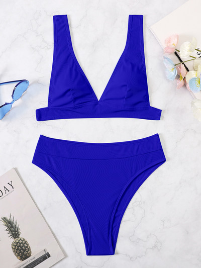 S- XL 12 színű Bordás magas derekú bikini női fürdőruha Női fürdőruha Kétrészes bikini szett Solid Bather fürdőruha Swim V3402