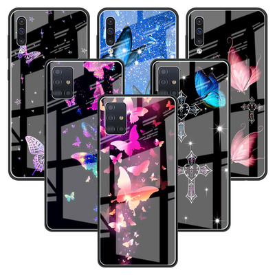 Луксозен стъклен калъф за Samsung Galaxy A51 A52 A50 A71 A21s A31 A70 A72 A10 A30 M31 M51 Soft Edge Back Capa Сладка пеперуда
