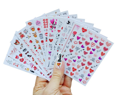 12PCS/Lot Love Heart Design 3D стикер за нокти за Свети Валентин Цветни сърца Самозалепващи се плъзгащи се ваденки Декорация за маникюр