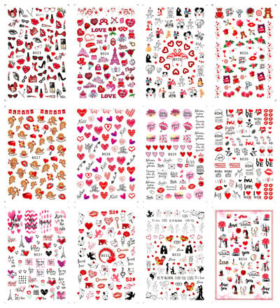 12 DB/Lot Love Heart Design 3D körömmatrica Valentin napra Színes szív öntapadó csúszka matricák manikűr dekoráció