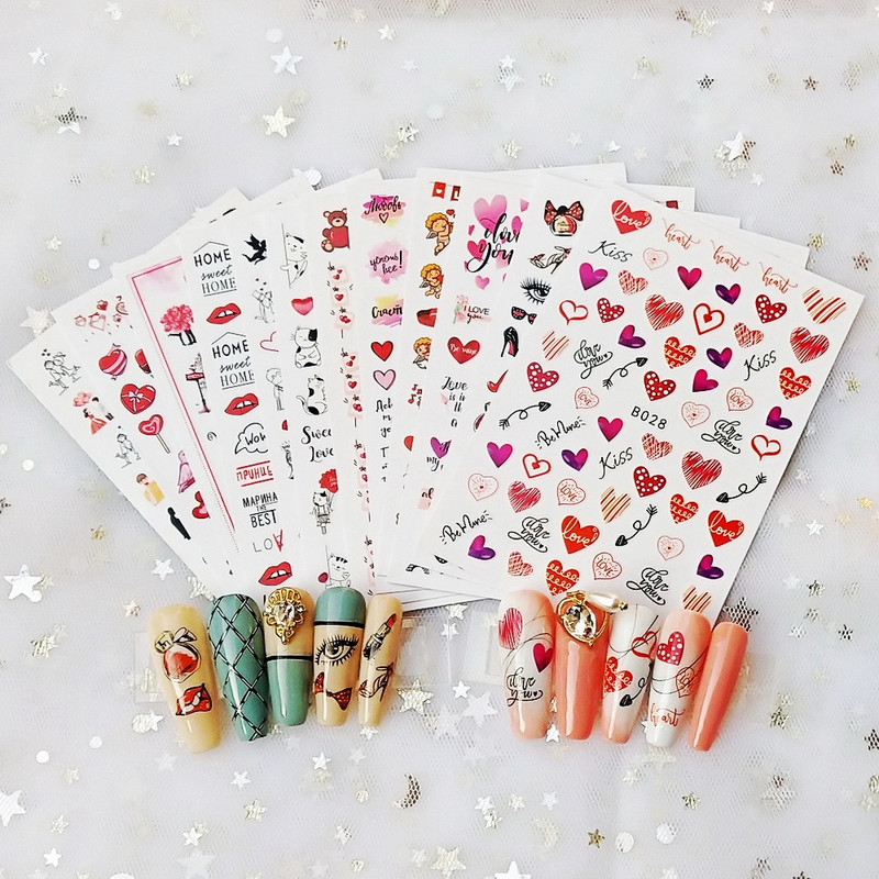 12 DB/Lot Love Heart Design 3D körömmatrica Valentin napra Színes szív öntapadó csúszka matricák manikűr dekoráció