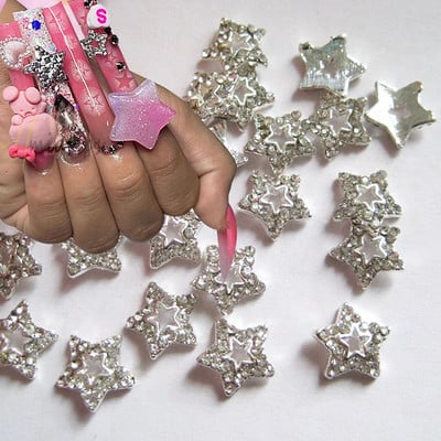 10db Star Nail Art Charms Kristály Strasszkő Ezüst 3D Csillag Dekorációk Fém Ékszerek Metal Deco Kiegészítők