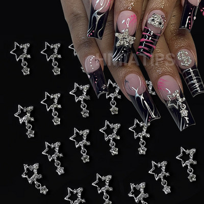 10db Star Nail Art Charms Kristály Strasszkő Ezüst 3D Csillag Dekorációk Fém Ékszerek Metal Deco Kiegészítők