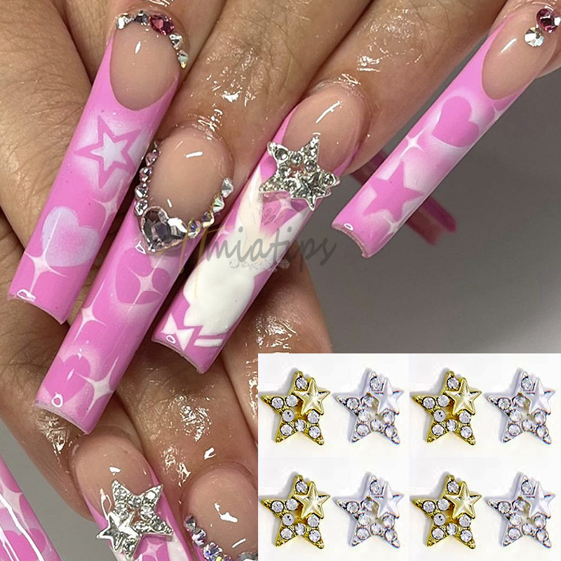 10db Star Nail Art Charms Kristály Strasszkő Ezüst 3D Csillag Dekorációk Fém Ékszerek Metal Deco Kiegészítők