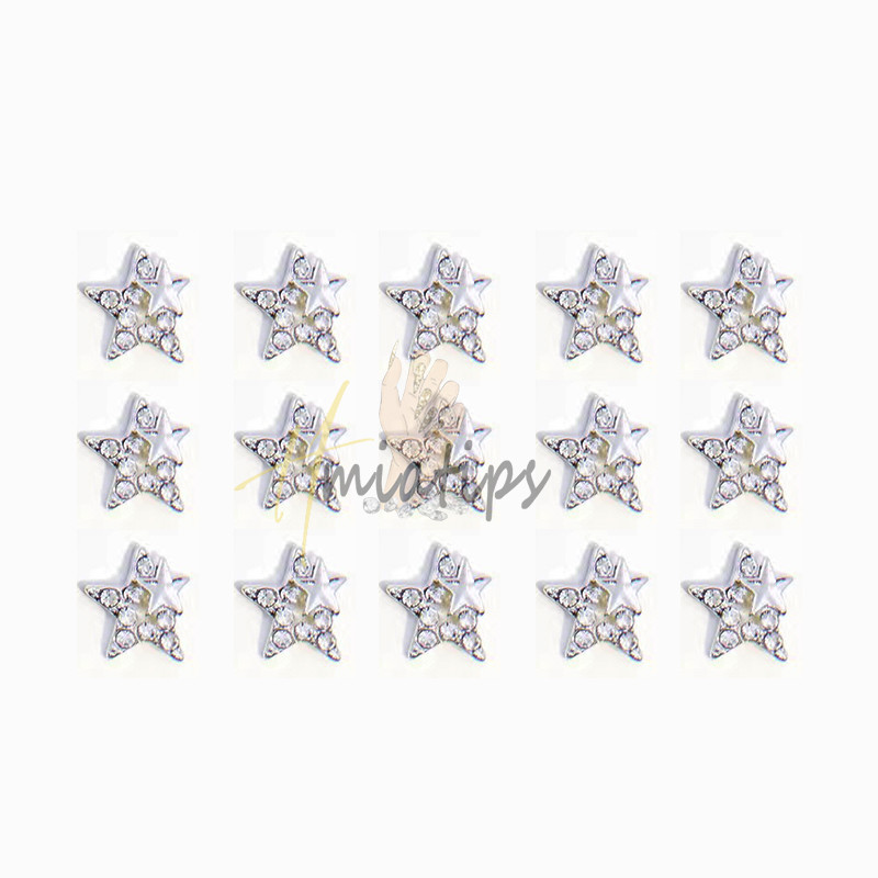 10db Star Nail Art Charms Kristály Strasszkő Ezüst 3D Csillag Dekorációk Fém Ékszerek Metal Deco Kiegészítők