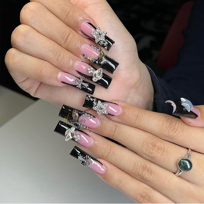 10db Star Nail Art Charms Kristály Strasszkő Ezüst 3D Csillag Dekorációk Fém Ékszerek Metal Deco Kiegészítők