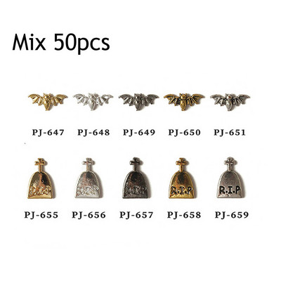 50db Retro Nail Charms Halloween Dekoráció Fém Nail Art Design Koponya Pumpkin Diamond Vintage Luxus Nails Manikűr eszköz