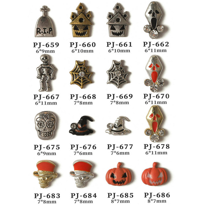 50db Retro Nail Charms Halloween Dekoráció Fém Nail Art Design Koponya Pumpkin Diamond Vintage Luxus Nails Manikűr eszköz