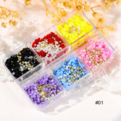 1 kast/kott Vaigust lilleline küünekunsti kaunistus Kuldne hõbedane kalliskivi helmed segu akrüülist florets küüned kivist lilleline võlu 3D küünekaunistus