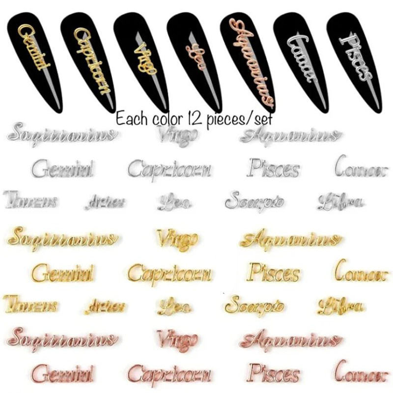 12 Zodiac Word Charm medál Csillagkép köröm varázslat 3D ötvözet lapos hátú epoxigyanta kellék kitöltő barkács ékszerkészítési kiegészítő
