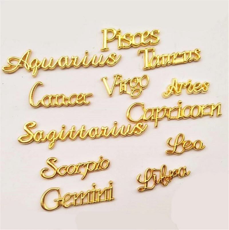 12 Zodiac Word Charm medál Csillagkép köröm varázslat 3D ötvözet lapos hátú epoxigyanta kellék kitöltő barkács ékszerkészítési kiegészítő