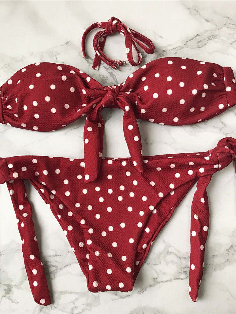 Szexi pöttyös csomózott bandeau brazil bikini női fürdőruha Női fürdőruha Kétrészes bikini szett fürdőruha V643