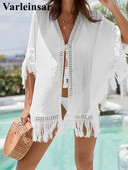 Szexi, rojtos bojt V. Nyakú, üreges fehér tunika Beach Takaró Takarók Strandruha Strandruha Strandruha Női Női V3918