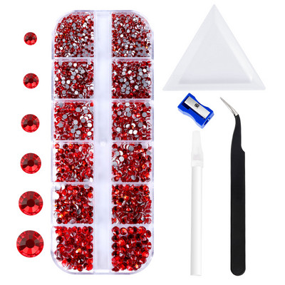 12Gird 3D Glass AB Crystal Nail Art strassz készlet lapos hátú kerek gyöngy varázs drágakő ékszer gyémánt eszközökkel körömművészethez