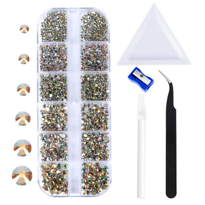 12Gird 3D Glass AB Crystal Nail Art strassz készlet lapos hátú kerek gyöngy varázs drágakő ékszer gyémánt eszközökkel körömművészethez