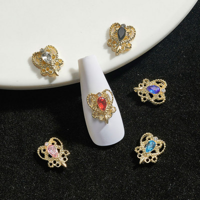 10 bucăți de lux Love Heart Nail Art Charms Cadru de metal auriu pentru unghii cu strasuri de diamante, cristal, manichiură, accesorii de bijuterii JD