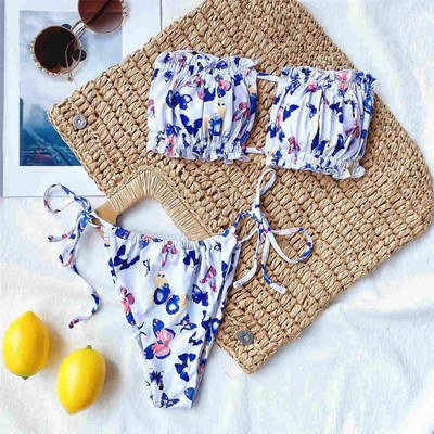 Sexy Butterfly Print Bandeau Polka Dot Bikini peldkostīms Sieviešu peldkostīmi Sieviešu Divdaļīgs bikini komplekts peldkostīms V1242B