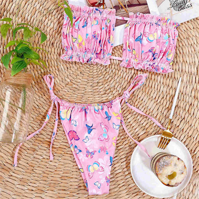 Sexy Butterfly Print Bandeau Polka Dot Bikini peldkostīms Sieviešu peldkostīmi Sieviešu Divdaļīgs bikini komplekts peldkostīms V1242B
