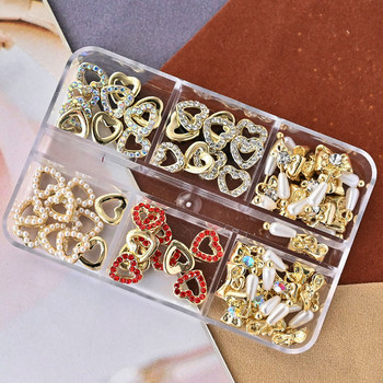 60 бр. (6X10 бр.) Свети Валентин Heart Charm Nail Art Jewelry Love and Rhinestone 3D Metal Alloy Nail Art Decoration 3D Nail Jewelry