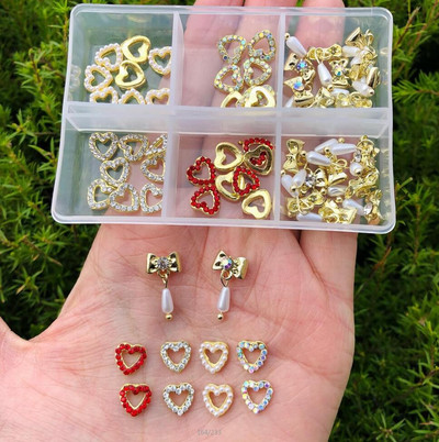 60 бр. (6X10 бр.) Свети Валентин Heart Charm Nail Art Jewelry Love and Rhinestone 3D Metal Alloy Nail Art Decoration 3D Nail Jewelry