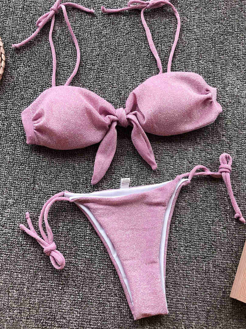 Fényes csillogó csillogó csomózott brazil bikini női fürdőruha Női fürdőruha Kétrészes bikini szett fürdőruha V1024