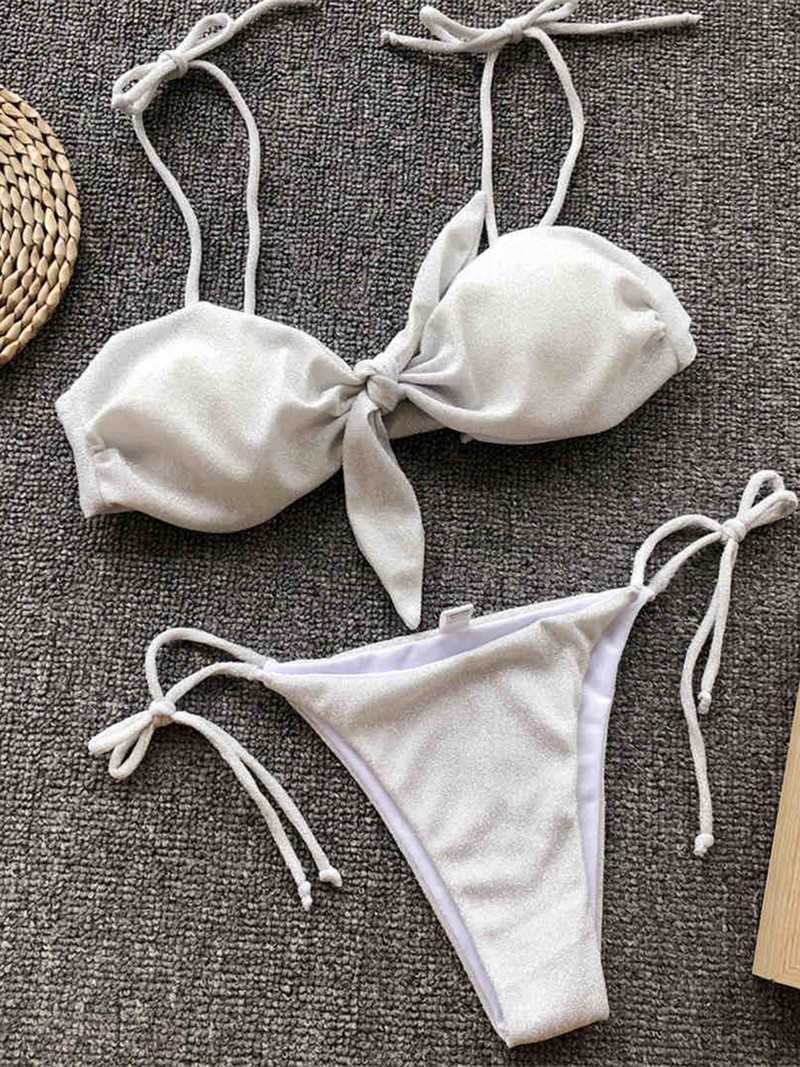 Fényes csillogó csillogó csomózott brazil bikini női fürdőruha Női fürdőruha Kétrészes bikini szett fürdőruha V1024