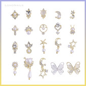 10db Golden Pearl Gems Design Charms Köröm Macskaszem Pillangó Korona Kereszt Dísz Divatos Dangle Maincure Art Charm Medálok J348