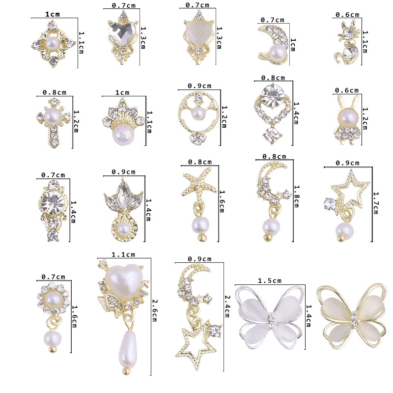 10db Golden Pearl Gems Design Charms Köröm Macskaszem Pillangó Korona Kereszt Dísz Divatos Dangle Maincure Art Charm Medálok J348