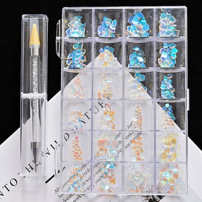 400/480 DB Crystal AB strassz, rácsban 20 db/forma lapos hátú körömdíszítő strasszkő drágakő, 1 felszedőtollal átlátszó nagy dobozban H&*&