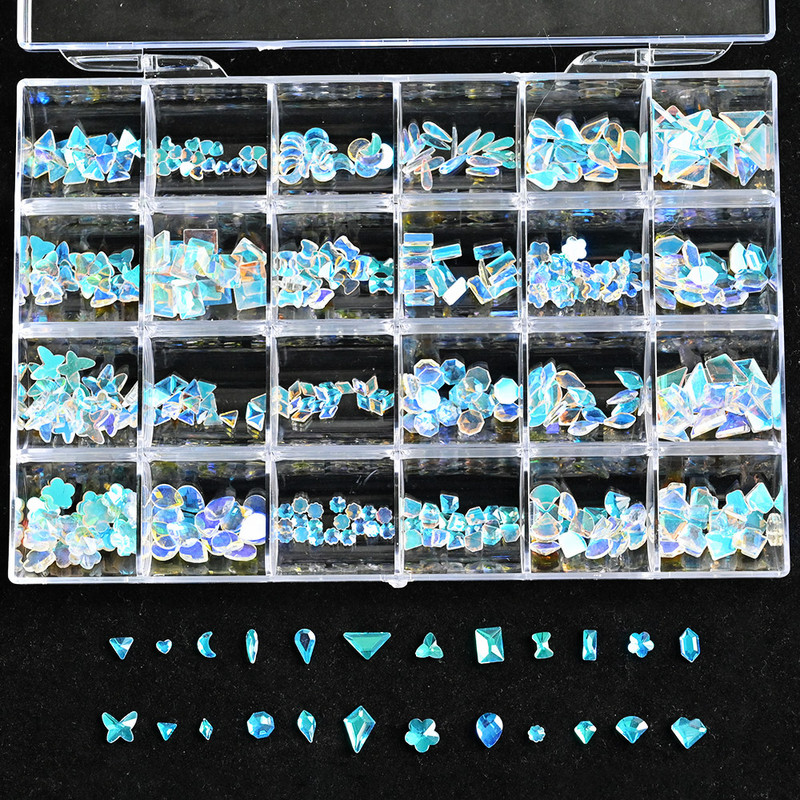 400/480 DB Crystal AB strassz, rácsban 20 db/forma lapos hátú körömdíszítő strasszkő drágakő, 1 felszedőtollal átlátszó nagy dobozban H&*&