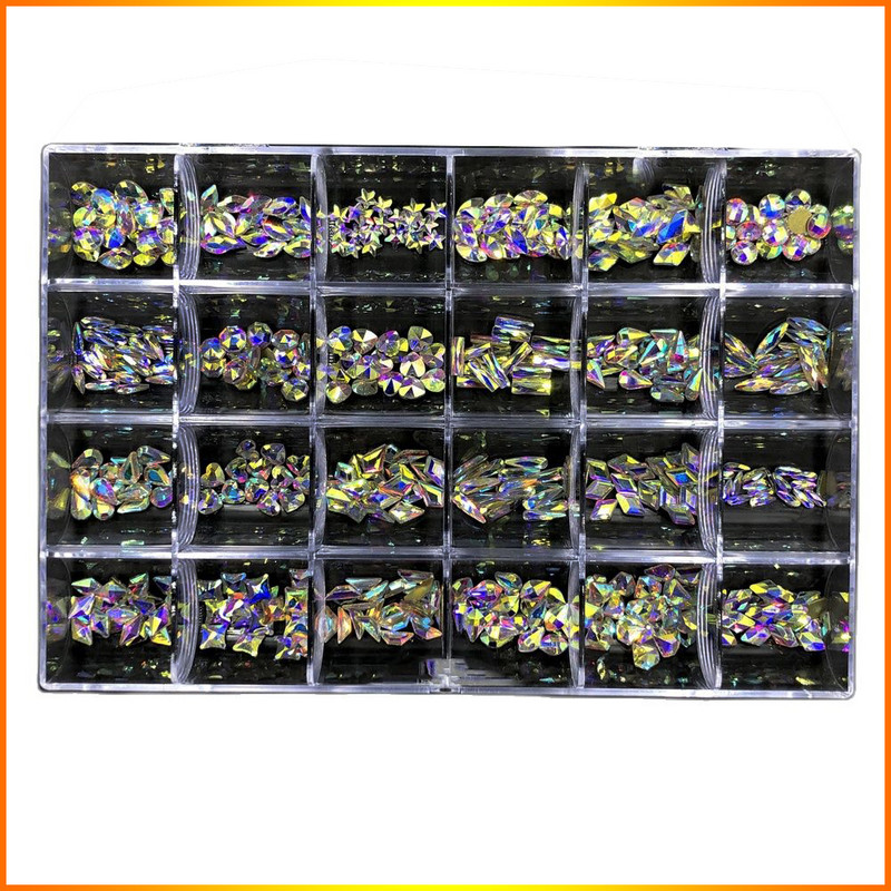 400/480 DB Crystal AB strassz, rácsban 20 db/forma lapos hátú körömdíszítő strasszkő drágakő, 1 felszedőtollal átlátszó nagy dobozban H&*&