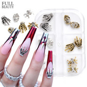 6 rácsos luxus fém Halloween körömbűvek strasszokkal Kéz csontváz Pókkoponya körömdíszítés Kiegészítők CHYW-12