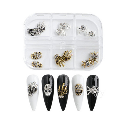 6 rácsos luxus fém Halloween körömbűvek strasszokkal Kéz csontváz Pókkoponya körömdíszítés Kiegészítők CHYW-12