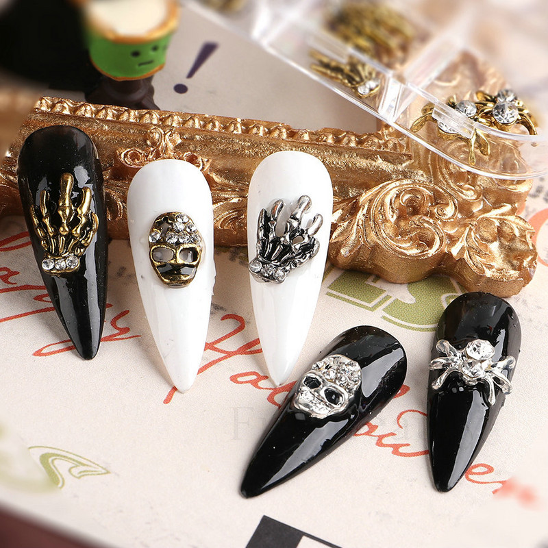 6 rácsos luxus fém Halloween körömbűvek strasszokkal Kéz csontváz Pókkoponya körömdíszítés Kiegészítők CHYW-12