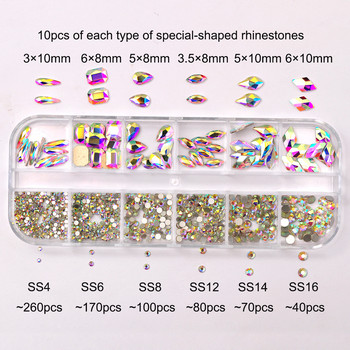 12Gird 120 бр. Кутия Смесена форма Смесен размер Стрази Плоски кристални диамантени скъпоценни камъни 3D бляскави декорации за нокти Направи си сам