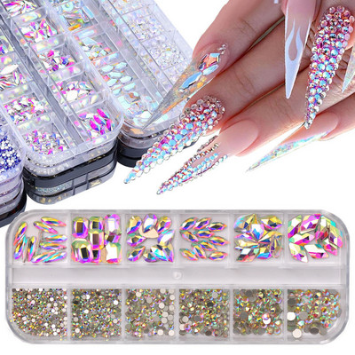 12Ζώνα 120 τμχ Box Mix Shape Mix Size Rhinestones Flatback Crystal Diamond Gems 3D Glitter Nail Art DIY Διακοσμήσεις