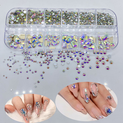12Gird 120db Box Mix Forma Mix Méret Strasszok Lapos hátú Crystal Diamond Drágakövek 3D Csillogó Körömdíszítés Barkács dekorációk