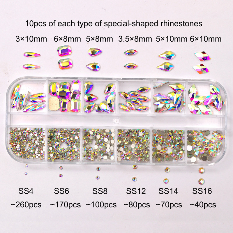 12Gird 120db Box Mix Forma Mix Méret Strasszok Lapos hátú Crystal Diamond Drágakövek 3D Csillogó Körömdíszítés Barkács dekorációk