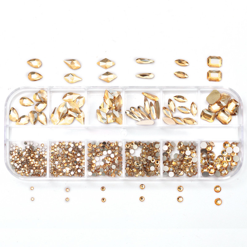 12Gird 120db Box Mix Forma Mix Méret Strasszok Lapos hátú Crystal Diamond Drágakövek 3D Csillogó Körömdíszítés Barkács dekorációk