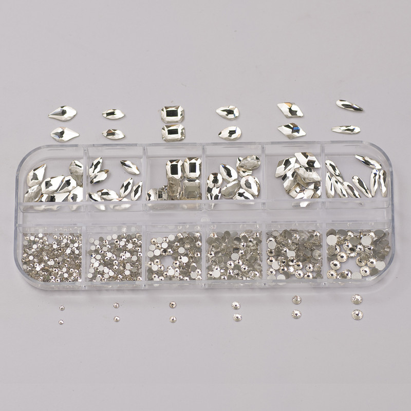 12Gird 120db Box Mix Forma Mix Méret Strasszok Lapos hátú Crystal Diamond Drágakövek 3D Csillogó Körömdíszítés Barkács dekorációk