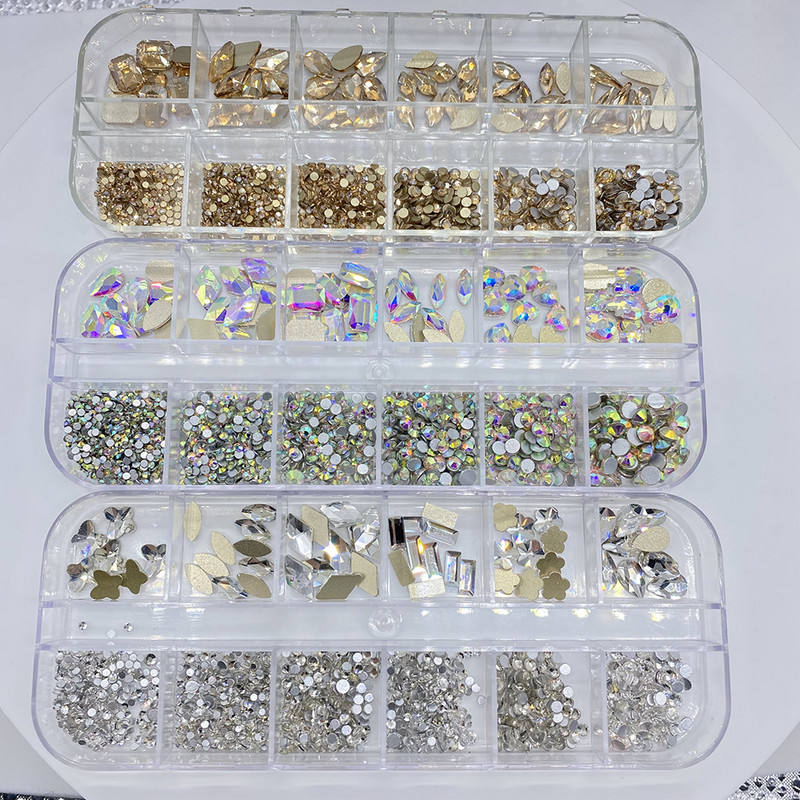12Gird 120db Box Mix Forma Mix Méret Strasszok Lapos hátú Crystal Diamond Drágakövek 3D Csillogó Körömdíszítés Barkács dekorációk