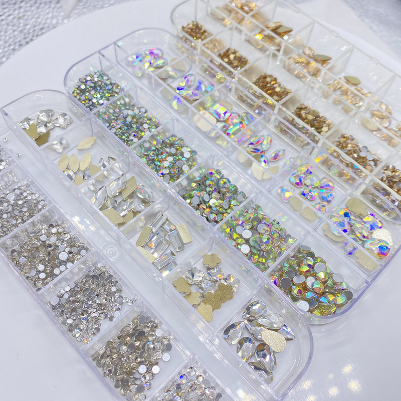 12Gird 120db Box Mix Forma Mix Méret Strasszok Lapos hátú Crystal Diamond Drágakövek 3D Csillogó Körömdíszítés Barkács dekorációk