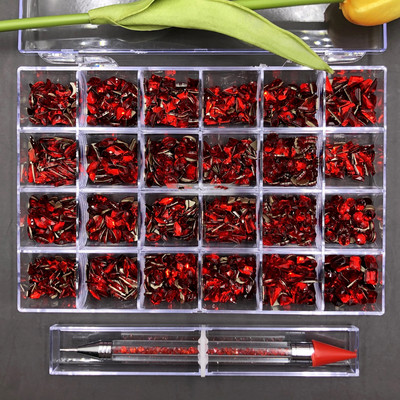 Üveg Nail Crystals Bling Box-Red 24 rácsos doboz 1db pontozással+AB Crystal strasszos doboz Clear Multi-Shape Flat Back Nail Gem