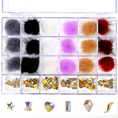 Üveg Nail Crystals Bling Box-Red 24 rácsos doboz 1db pontozással+AB Crystal strasszos doboz Clear Multi-Shape Flat Back Nail Gem